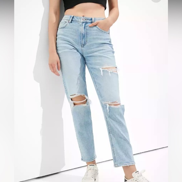 AE Stretch Ripped Mom Straight Jean - Picture 1 of 3